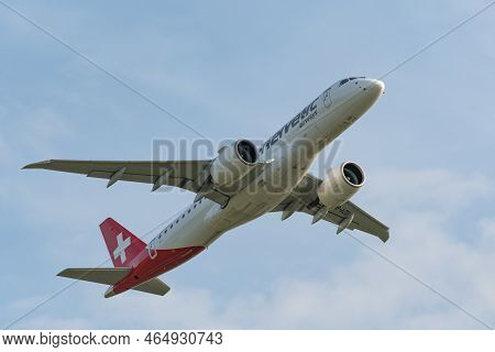 Zurich, Switzerland, May 20, 2022 Helvetic Airways Embraer E-190-e2 Aircraft Is Departing From Runwa