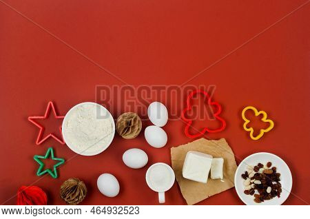 Christmas Baking Background With Ingredient Cooking And Bacikg Tools For Coocies And Pie. Happy New 