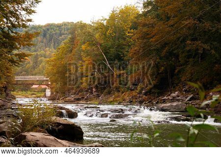 Waterfall Probiy In Yaremche And Mountain View River Prut. Autumn Landscape. Carpathians, Ukraine. S