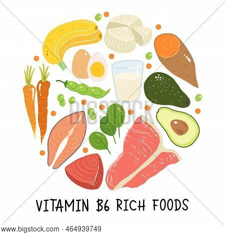 Vitamin B6 Vector Stock Illustration. Food Products With A High Content Of The Vitamin B6. Sweet Pot
