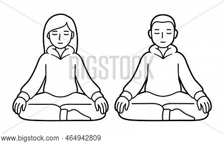 Meditating Young Man And Woman Sitting In Burmese Position. Home Meditation Practice. Simple Black A