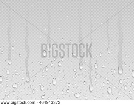 Realistic Dripping Drops Flow Down Background. Rain Dropping, Water Transparent Texture. Drip Steam 
