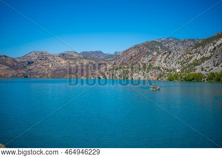 Mountain Lake. Emerald Water Reservoir Behind The Dam Oymapinar. Green Canyon In Manavgat Region, Tu