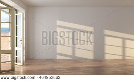 Interior Of The Hotel With Open Doors Overlooking The Beach, Yellow Sand And Clouds. Sea View Room W