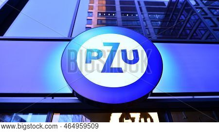Warsaw, Poland. 5 November 2022. Sign Pzu. Company Signboard Pzu.