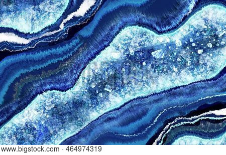Blue Geode With Crystals Art With Epoxy Resin. Quartz Slice Geode With Transparent Crystals Handdraw