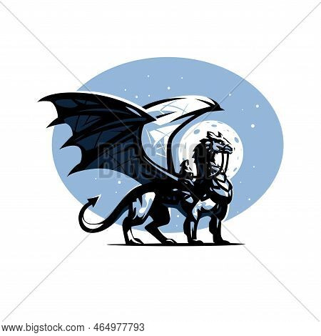 Dragon Rider. Nazgul. Dragon Against The Background Of The Moon And Starry Sky.