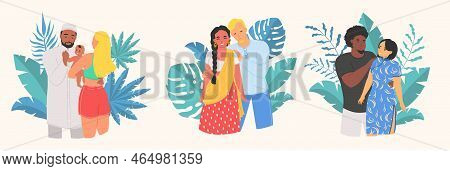 Young Interracial Couple Embracing Flat Vector Set