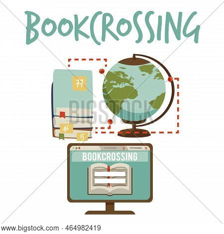 Online Bookcrossing, Flat Vector Illustration Isolated On White Background.