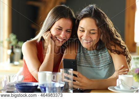 Front View Of Two Happy Friends Checking Smart Pone In A Restaurant
