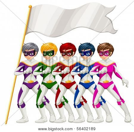 Ilustração de cinco super-heróis e um banner vazio em um fundo branco