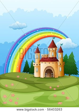 Ilustração de um castelo no topo do colina com um arco-íris