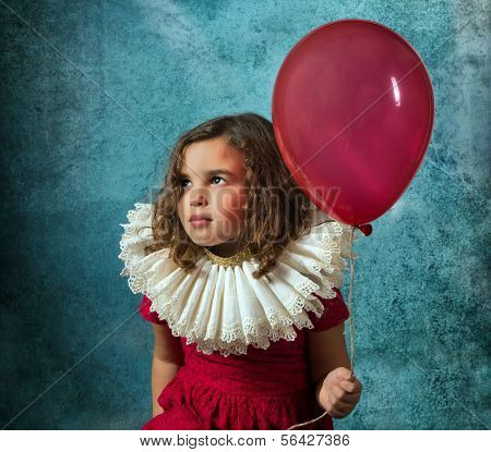 Vintage girl posing with a victorian ruff collar and a red balloon