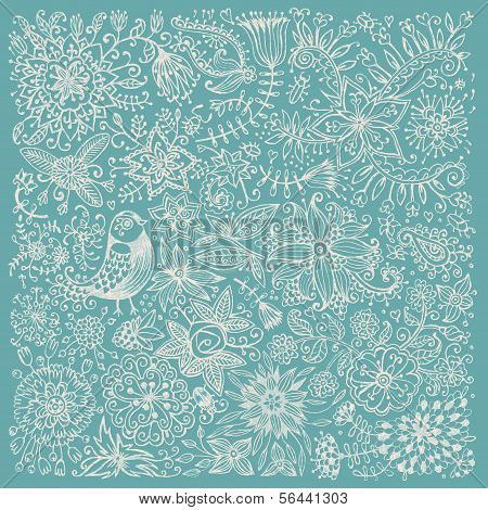 Carta disegnata a mano con fiori e uccelli