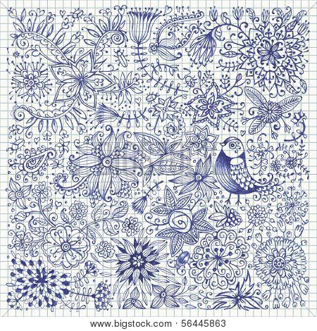 Uccelli e fiori disegnati a mano