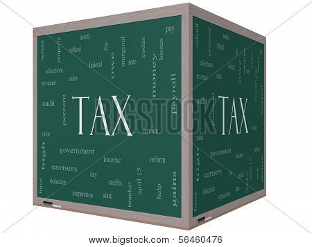 Tax Word Cloud Concept On A 3D Cube Blackboard