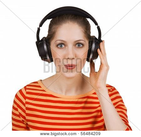 Cheerful Girl Listening To Music On Headphones