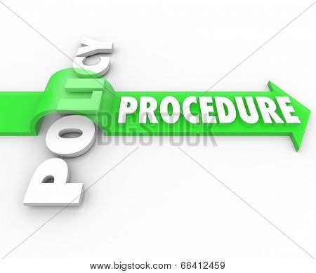 Procedure word on an arrow jumping over Policy to illustrate a business process