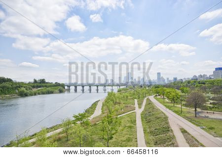 Hangang Park and buildings at Yeouido in Seoul Korea