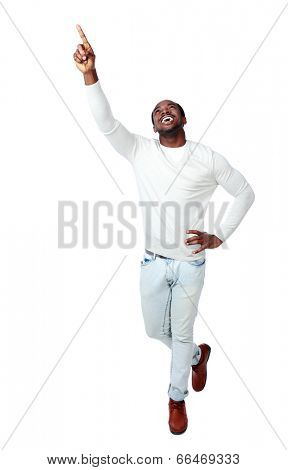 Laughing african man showing up on white background