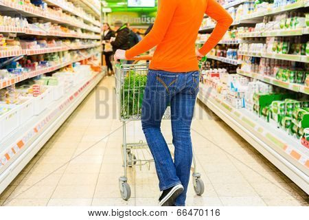 Woman driving shopping cart while grocery shopping in supermarket 