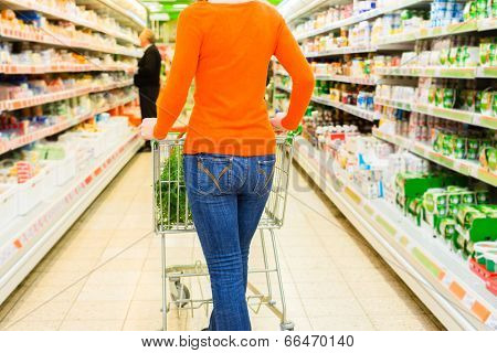 Woman driving shopping cart while grocery shopping in supermarket 