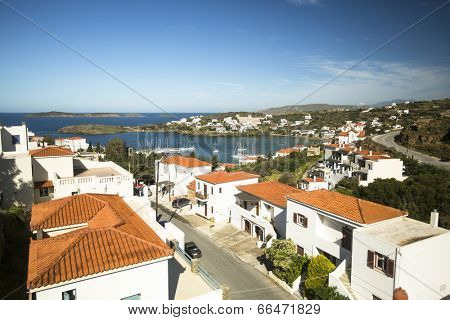ANDROS, GREECE - APR 29, 2014: Marina of Andros, is the northernmost island of the Greek Cyclades archipelago in the Aegean Sea - area is 380 km2, 40 km long, and its greatest breadth is 16 km.