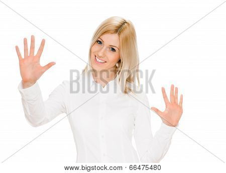 Portrait of happy woman showing ten fingers