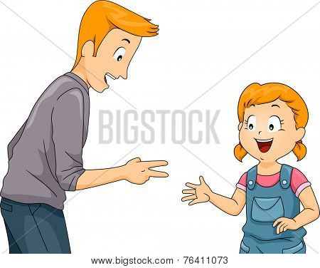 Illustration Featuring a Father and Daughter Playing Rock, Paper, and Scissors