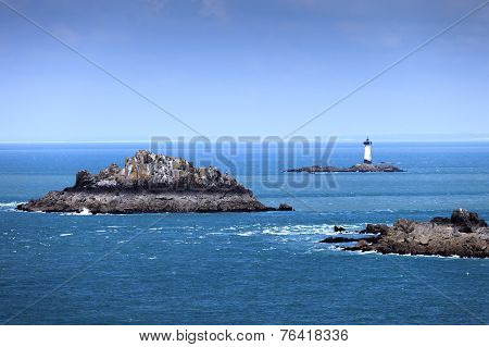Brittany Ocean Panorama, Islands And Lighthouse Point Du Grouin. Cancale, France