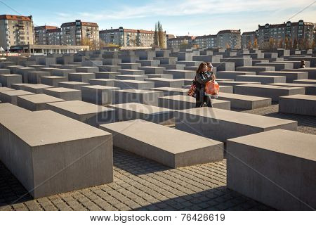 BERLIN, GERMANY - NOV 17, 2014: Memorial to the Murdered Jews of Europe, designed by architect Peter Eisenman and engineer Buro Happold, site 19,000 m2 covered with 2,711 concrete slabs. 