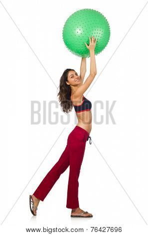 Woman exercising with ball isolated on white
