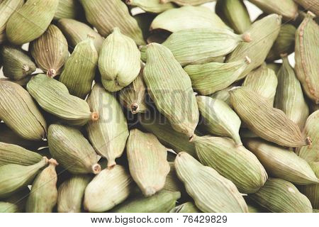 Green cardamom pods close-up. Macro photo