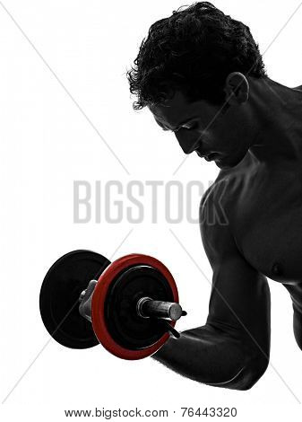 one man topless muscular exercising body building weights training in silhouettes on white background