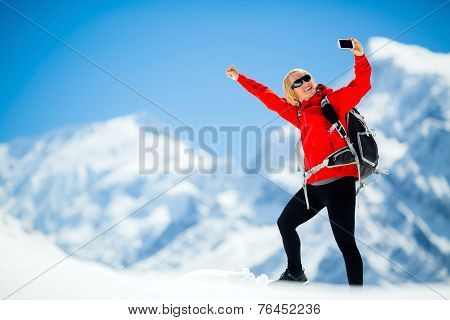 Woman Success Selfie On Mountain Peak