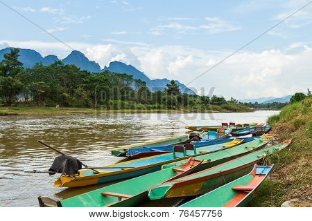 Boats In Nam Song River At Vang Vieng, Laos