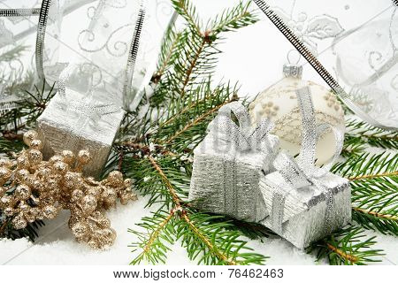 Silver Christmas Gifts With Silver Ribbon And Needles Fir With R
