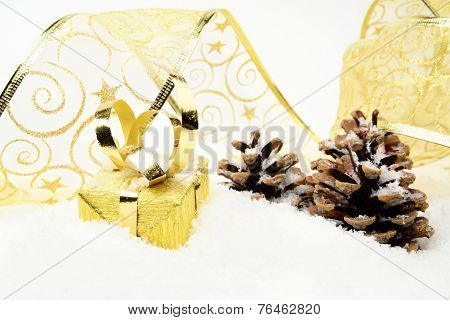 Golden Christmas Baubles,gifts,snowflake With Golden Ribbon On S