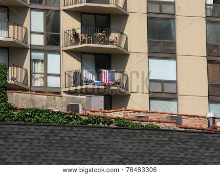 US flag on apartment in Chicago