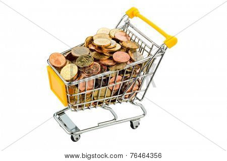 a shopping cart filled with euro coins, symbolic photo for purchasing power, inflation, consumption