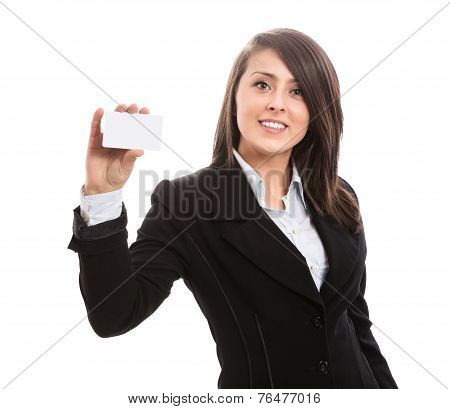 Young attractive businesswoman showing blank business card