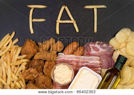 Food containing fat. Too much fat in diet causes obesity and other health problems