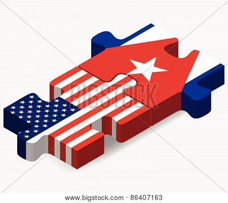 Usa And Cuba Flags In Puzzle