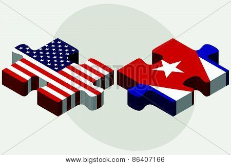 Usa And Cuba Flags In Puzzle