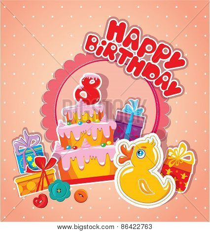 Baby Birthday Card With Yellow Duck, Big Cake And Gift Boxes. Eight Years Anniversary