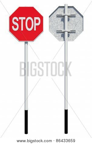 Octagonal road sign with word stop. Front and back view. Isolated