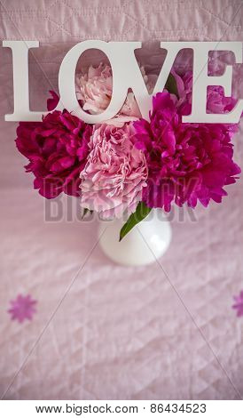 White Vase With Peonies And Love