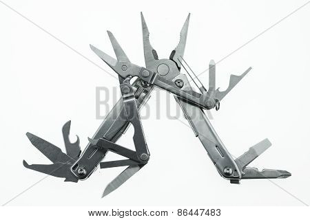Pocket knife or Steel multi-function tools isolated on white background. Hand tools in industry jobs