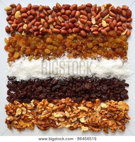 Raisins, peanuts, coconut, walnuts