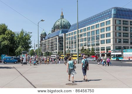 Tourists Walking In In The Karl Liebknecht Strasse Near The Berliner Dom In Berlin, Germany